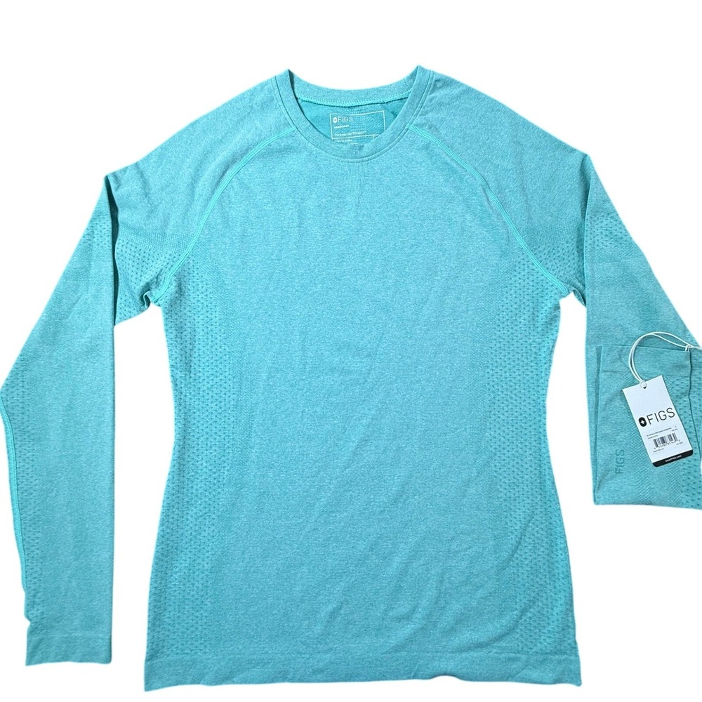 Figs Casma Underscrub Top Womens L Teal NWT Seamless Long Sleeve Heathered